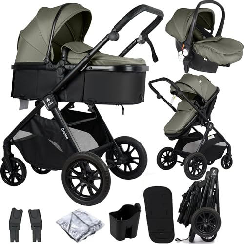 For Your Little One Cruise 3-in-1 Travel System with i-Size Car Seat, Stroller, 13kg Pram, Height Adjustable Handle, Pram, Newborn 0-4 Years Free Raincover and Cupholder (Pebble Sage)