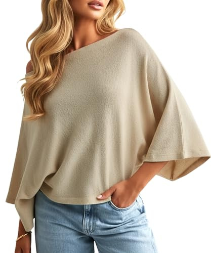 Navneet Stickad tröja dam oversize poncho off shoulder 3/4 arm U-hals topp höst casual outfit, Aprikos poncho tröja, M