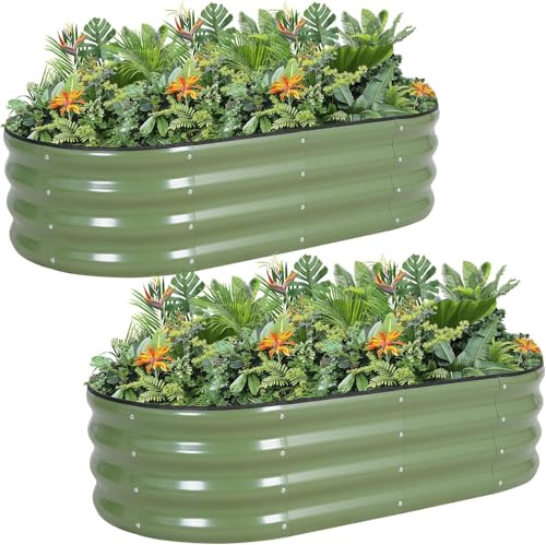Galvaniserad metall upphöjd trädgårdssängsats – 120 x 60 x 30 cm utomhus planteringslåda med säkerhetskant och handskar för grönsaker, frukt, blommor. Grön-2-pack