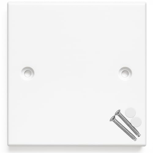 White 1 Gang Square Edge Blanking Plate Cover for Electrical Sockets – Single Socket Cover with Screws & Caps, 86mm x 86mm, Durable Wall Plate