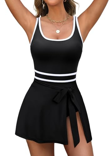 IWH Womens One Piece Swim Dress Square Neck Color Block Tummy Control Swimsuits Slimming Wraps Bathing Suit (Black, X-Large)