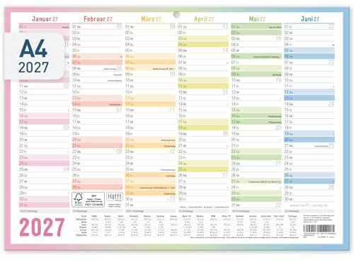 Häfft® Premium Tafelkalender 2027 A4 quer mit Ferien, Feiertagen Rainbow