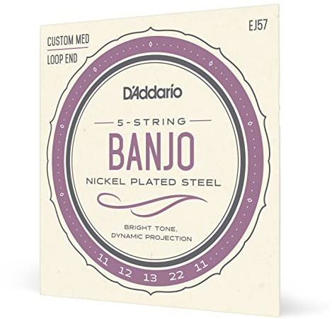 D'Addario Banjo Strings, Nickel-Plated Steel, EJ57, Custom Medium Gauge 11-22, 5-String Set, Pack of 1