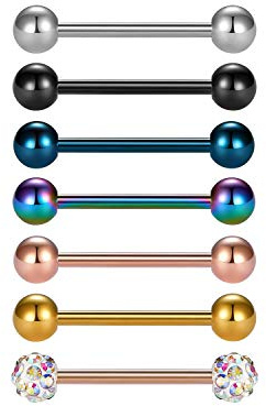 vcmart 7er Zungenpiercing Barbell Set aus 316L Chirurgenstahl 16mm