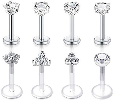 VFUN 16G Chirurgenstahl Diamond CZ Tragus Piercing Bioflex Lippen Retainer Labret Stud Piercing Lippenpiercing Helix Piercing 8 Stück