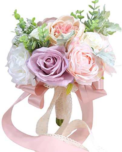 MISNODE Bouquets de mariée faits à la main pour mariage, demoiselle d'honneur tenant des fleurs, bouquet de roses artificielles pour la maison, centres de table, décoration de mariage, violet