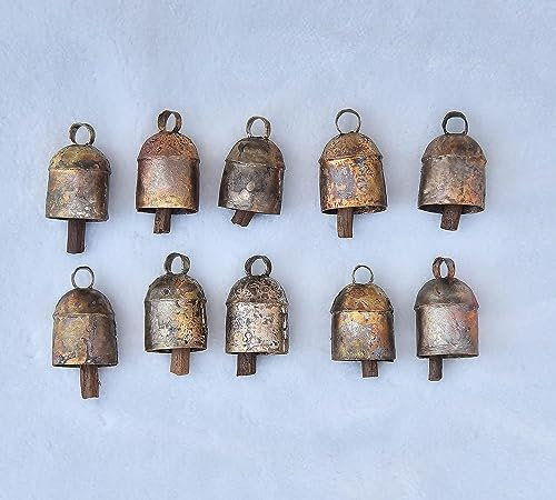 Vivanta Pack of 10, 1 Inch, Rustic Décor Vintage Christmas Decoration Ornaments Bells – Indian Décor Cow Bell for Craft – Small Tiny Mini Gold Tin Hanging Witch Bells – Jingle Bells for Crafts