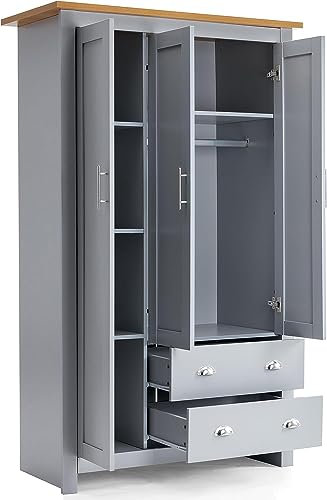 Blisswood 3 Door 2 Drawer Wardrobe For Bedroom MDF With Shelf Hanging Rail Cloth Storage Wooden Wardrobe With Drawer Large Cupboard Bedroom Furniture, Grey & Oak