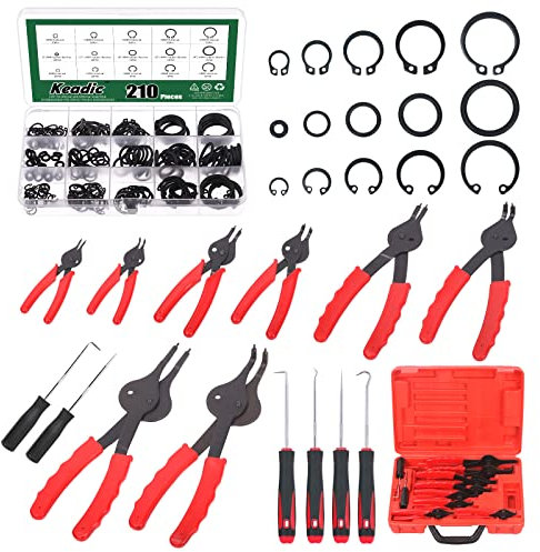 Keadic 225Pcs Internal External Snap Ring Pliers with 15 Sizes Retaining Ring Assortment Set Steel External Circlip, Precision Hook, Circlip Removal Tools for Automobiles Lawnmowers Farm