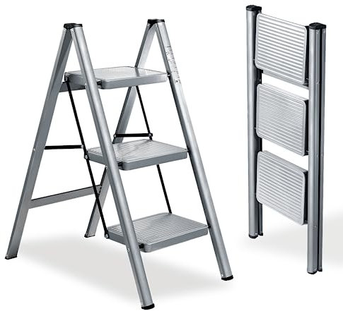 XinSunho 3 Step Ladder, Folding Ladder, Household Ladder with Non-Slip Steps, Lightweight and Compact, Load 150 kg, Portable Steel Ladder, Grey