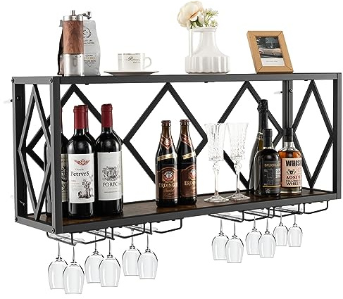 KOMFOTTEU Botellero de Pared, Estante de Vino Decorativo con Portavasos para Copas, Soporte para Botellas Colgante, 20 kg de Carga por Capa, para Cocina, Bodega, Bar (100 x 25 x 45 cm)