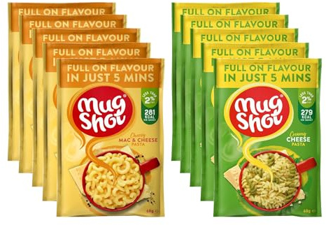 Mug Shot Instant Pasta Ready Meal - Quick Cheesy Pasta Perfect for Vegetarian, Pasta Pot Mix Mac n Cheese (5 pk) and Creamy Cheese (5 pk), 10 pack total -Ready in Five Min Macaroni Cheese Instant Food