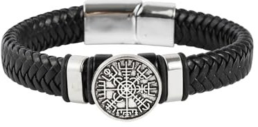 Eigso Leder Wikinger Kompass Anhänger Manschette Armband für Männer Frauen PU Punk Classic 80s Biker Armband für Mann Frau