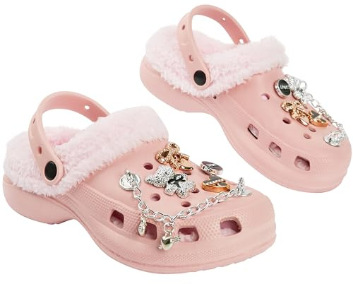 CityComfort Clogs for Girls, Winter Slippers with Removable Fleece & Charms, House Mules & Garden Shoes with Adjustable Strap (1.5 UK, Light Pink)