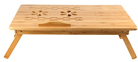 Vikbart sängbord, bambu-sängbricka med justerbara ben och lutande bricka, laptopstativ med låda och ventilationshål, 66 x 35 x 30 cm – träfärg
