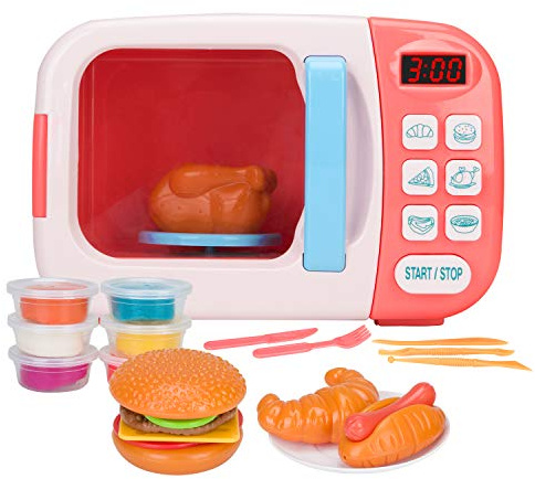 Microwave Toys Kitchen Play Set with Light Sound,Kids Pretend Play Electronic Oven with Play Food and 6 Color DIY Play-Dough for Children Ages 3+ Years (Pink)