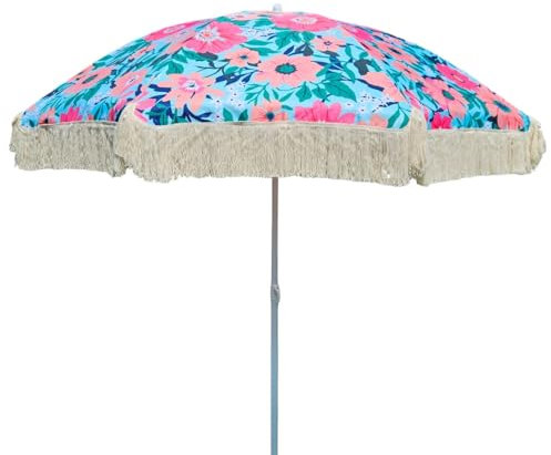 Meinposten Sonnenschirm Strandschirm Schirm UV Schutz mit Tasche Fransen Blumen Ø 155 cm (Blau)