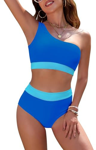 SHEKINI Bikini Set for Women High Waisted One Shoulder Two Piece Swimsuit Padded Tummy Control Swimwear Vintage Bathing Suit Sky Blue
