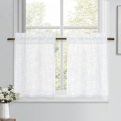 DWCN Vita fönstergardiner linneutseende gardiner halvtransparenta gardiner korta 2 stycken H 60 x 90 cm, moderna fönstergardiner för köksgardiner, husvagn, skåpgardin, vardagsrum, bistrogardin