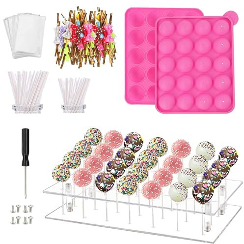 MOFASVIGI 302 Stück Cake Pop Formen Set Mit 1 Acryl Lollipop Halter,1 Silikon Form Set,100 Pcs klare Taschen,100 Pcs Treat Sticks,100 Pcs Gold Fliege