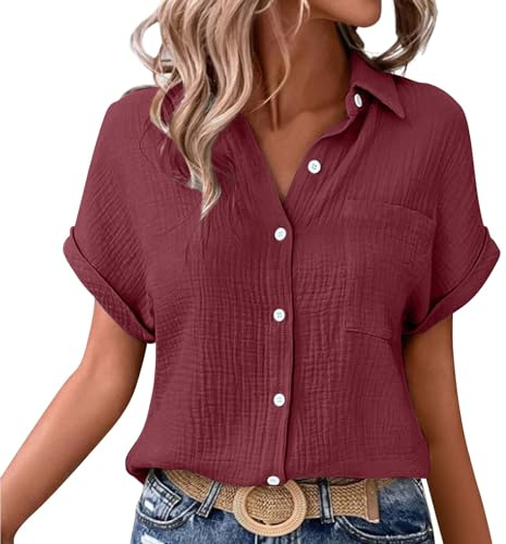 Chemisier Femme Chic Et éLéGant Coton Et Lin Chemise T-Shirts à Manches Courtes Tee Shirt Femme Col V Chemise Tunique Tops avec Boutons D'éTé DéContractéS Ample Couleur Unie Blouse VêTements