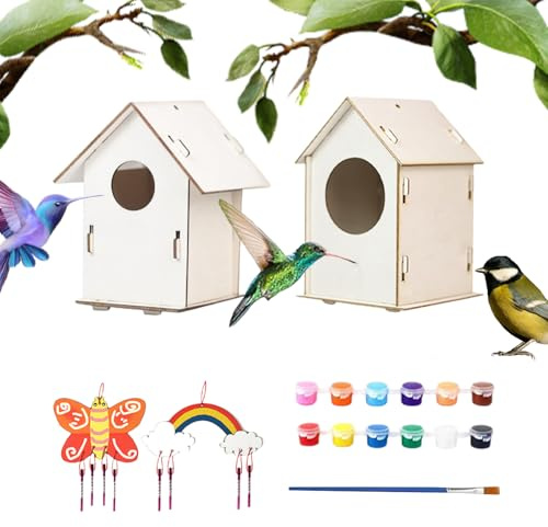 Nichoir à oiseaux - Kit de 2 nichoirs en bois - Kit de peinture, jouets d'extérieur pour enfants de 4 à 8 ans, arts en bois