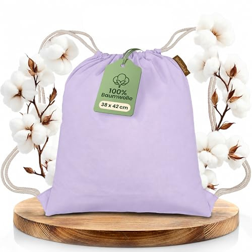 Naturstube® Sac de sport en coton (1 pièce, 38 x 42 cm) Oeko-TEX® | Sac à dos avec cordon de serrage pour gym, mer et plage | Sac à chaussures pour homme, femme et enfant, Lavande pastel, 38 x 42 cm