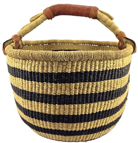 Cesto Rotondo Bolga Grande circa Ø 40 x 40 cm – Artigianale dal Ghana – Fair Trade – Cesto per la Spesa con Manico in Pelle – Righe Nero e Naturali
