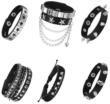 Tastetreasure Set di 6 braccialetti punk rock, braccialetti a polsino in pelle nera borchiati con borchie, polsini da polso gotici grunge emo regolabili, accessori alternativi per uomini e donne