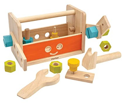 PlanToys Werkzeugkoffer aus Holz mit Schraubenschlüssel, Muttern und Schrauben, Holzbrettern und Formen, nachhaltig aus Gummibaumholz und ungiftigen Farben und Farbstoffen