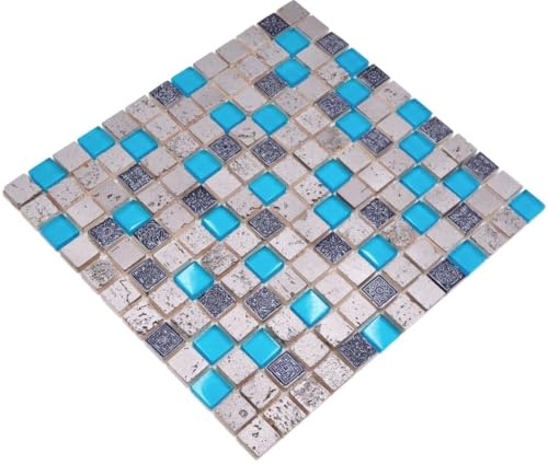 Mosaik-nätverk MosaikplattaKvadrat Kristall/Sten/Resin Mix Blå Glasmosaik Rustikal, Mosaiksten Format: 23 x 23 x 8 mm, Bågstorlek: 300 x 325 mm, 1 båge/matt