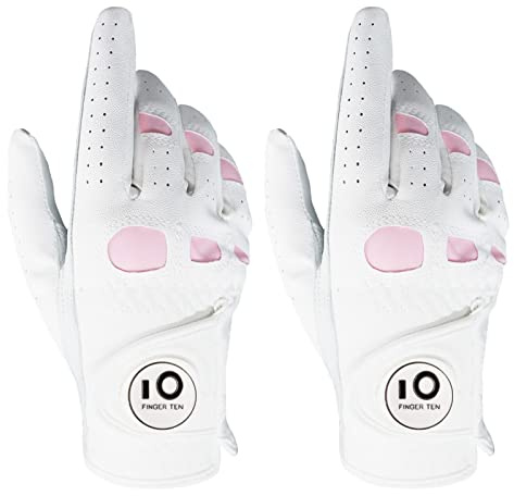 FINGER TEN Guantes de golf para mujer, mano izquierda y derecha, de cuero Cabretta con marcador de pelota, paquete de 2, guantes de golf para mujer, agarre de lluvia, resistente al desgaste (M,