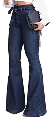 ORANDESIGNE Femme Jean Évasé Pants Pantalon Stretch Zippé en Denim Elastique avec Poche Bootcut Casual Vintage Jeans Pantalon A Bleu L