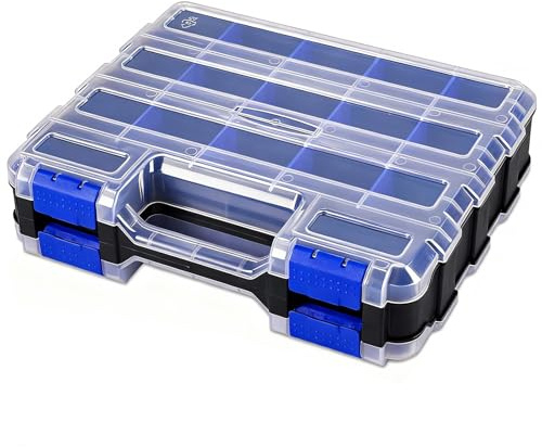 Small Parts Storage Case Tools Box Organizer Double Side 34 Compartments Hardware Organizers with Removable Plastic Dividers for Screws Nuts Nails Bolts