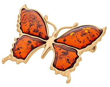 AMBEDORA Damen, Vergoldet, Große Schmetterlingsbrosche mit Bernstein, Cognacfarbener baltischer Bernstein, 925 Sterling Silber, Geschenkset