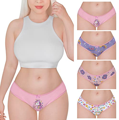 LittleForBig Ropa Interior de Algodón Suave para Mujeres Slips Cómodos de Hipster 4 Pack Calzoncillos Set - Estampado Unicornio Multicolor XL