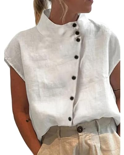 Blusa de cuello alto para mujer, camisa de manga corta para mujer, camisa de ajuste holgado con botones, blusa de algodón y lino para mujer