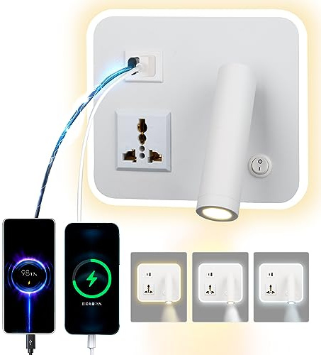 uksunvi LED lampada da parete da lettura con presa universale, USB Type-C doppia porta di ricarica regolabile interruttore 12W lampada da parete rotante con tre colori dimming (Quadrato bianco)