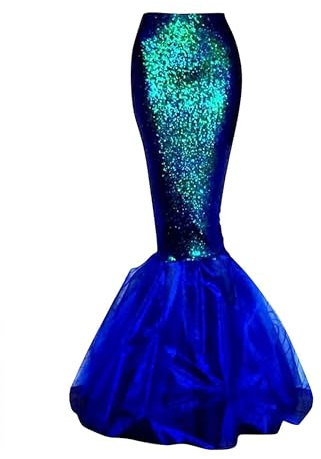 Achlibe Jupe longue queue de sirène à paillettes pour femme Costume hologramme métallique brillant robe queue de poisson jupe asymétrique à volants, a-bleu, S
