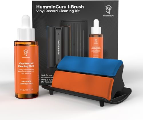 HumminGuru I-Brush Antistatisches Reinigungsset für Schallplatten. Doppelte, Vinyl-Schallplattenbürste mit Samtpolstern + alkoholfreie Schallplatten-Reinigungslösung + Bürstenhalter (I-Brush)