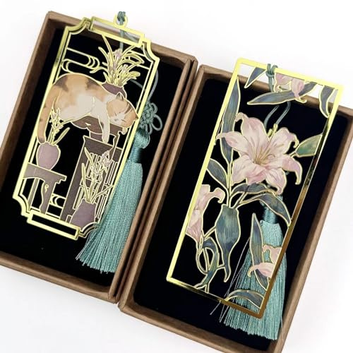 HEYMILA 2pc 2 Stück Premium Metall Lesezeichen mit Katzen & Lilie Blume - Ideale Club Geschenkidee für Frauen, Lehrer, Studenten, Parteien und Bücherwürmer