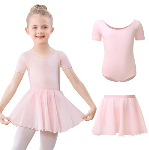 Ballettkleidung Mädchen Kurzarm Ballettkleid Baumwolle Balletttrikot Kinder Ballettanzug Ballettbody mit Chiffon Rock Tütü 3-11Jahre Rosa 120
