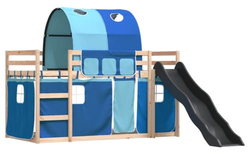vidaXL Etagenbett, Kinderbett Spielbett mit Rutsche Gardinen, Hochbett Bett für Kinder, Stockbett Bettgestell mit Lattenrost Rausfallschutz, Blau 90x200cm