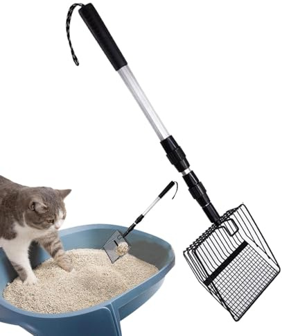 Cuchara de arena ajustable para gatos con mango largo antideslizante, cuchara extensible de 89 cm antiadherente, pala de arena de metal de mango largo, tamiz de arena desmontable antiadherente para
