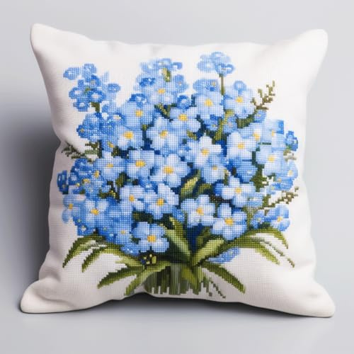 AMBATTERY Kit Cuscini Punto Croce, Fiori blu Kit Da Ricamo 45x45cm Prestampato Set per Punto Croce Cuscino Decorativo Cuscino Ricamato