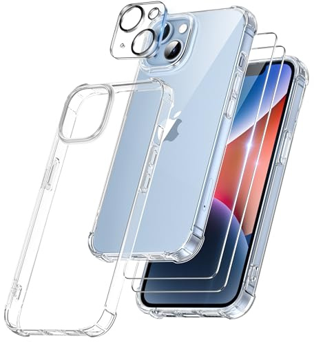 FLLAO 4 in 1 Cover per iPhone 14, Trasparente | 2 Pellicola Vetro Temperato e 1 Fotocamera Protettiva, Cuscino d'aria integrato, Antiurto Antigraffio Custodia