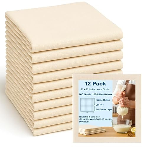 12 Pcs Cheesecloth for Straining 20x20 Inch – Reusable Grade 100 Muslin Cloth, Ultra-Fine 56x42 Weave, 100% Unbleached Cotton with Hemmed Edges, Cheese Cloth Strainer for Yogurt, Nut Milk & Baking
