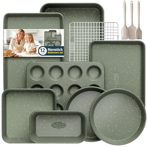 12-Piece Nonstick Baking Set, Non-Toxic Bakeware Sets with Baking Sheet, Cake Pan, Square Pan, Loaf Pan, Roasting Pan, Muffin Pan, Cookie Sheet, Cooling Rack & Kitchen Utensilss - Ceramic Coated Green