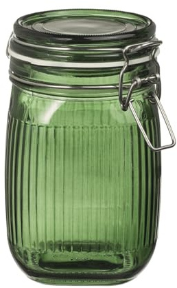 Bobzo Glass Storage Jar with Lid 1L – Airtight Green Ribbed Glass Container for Kitchen Storage, Food Preservation, Biscuits, Tea, Coffee, Pasta & Pickles – Dishwasher Safe, Vintage Design