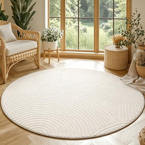 SHACOS Rugs for Living Room 160 cm Round, Soft Short Pile Modern Geometric Beige Area Rug, Machine Washable Non-Slip Cream Carpet for Bedroom Dining Room